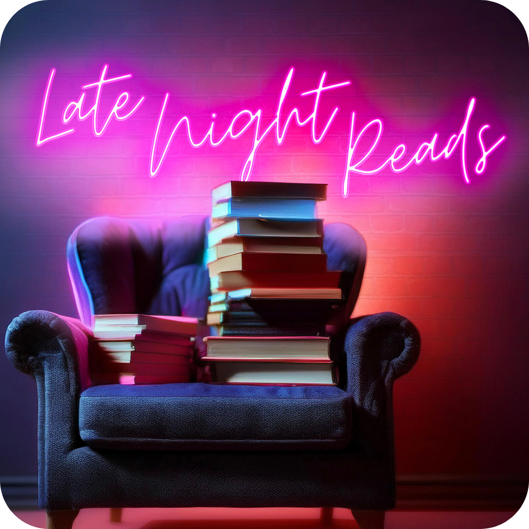 Late Night Reads logo with stack of books on chair
